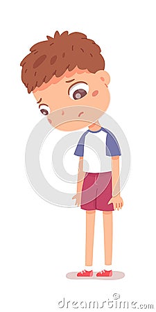 Sad kid losing at sport competition or game. Lonely boy standing with distraught face. School student portrait vector Vector Illustration