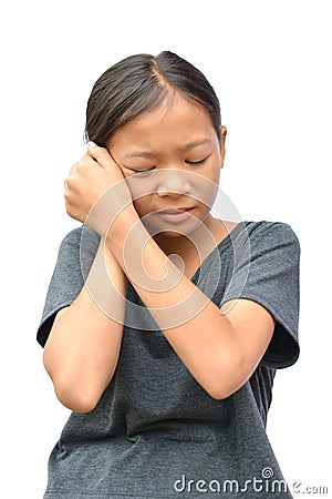 Sad little Asian girl have a earache Stock Photo