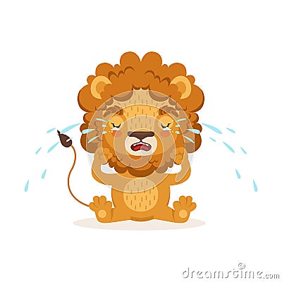 Sad little baby lion cartoon character sitting on the floor and crying. Safari animal with lush mane weeps. Vector in Vector Illustration