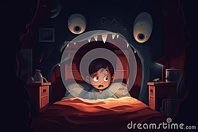 Sad little boy fearing monsters under his bed. Terrified child having a nightmare. Kid afraid of darkness Stock Photo