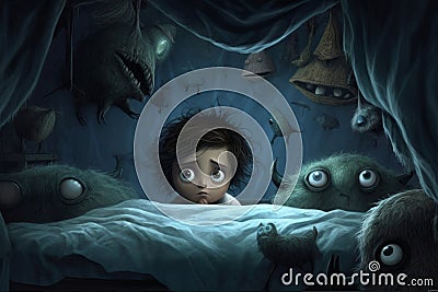 Sad little boy fearing monsters under his bed. Terrified child having a nightmare. Kid afraid of darkness Stock Photo