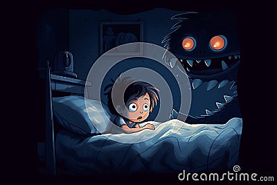 Sad little boy fearing monsters under his bed. Terrified child having a nightmare. Kid afraid of darkness Stock Photo