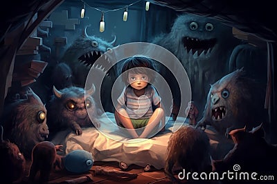 Sad little boy fearing monsters under his bed. Terrified child having a nightmare. Kid afraid of darkness Stock Photo