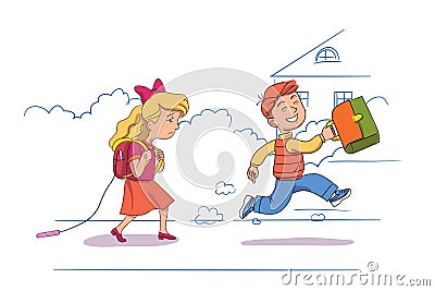 Sad little girl with goes to school. Smiling schoolboy hurries to lessons. Vector Illustration
