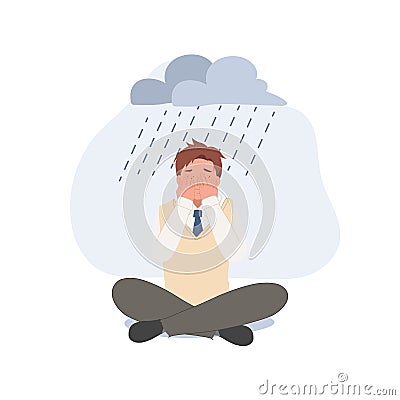 Sad lonely Asian high school boy in depression. Young unhappy boy sitting and cry. Depressed in teenager. Flat vector cartoon Vector Illustration