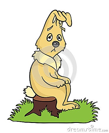 Sad lonely cartoon hare sitting on a stump, vector illustration. Vector Illustration