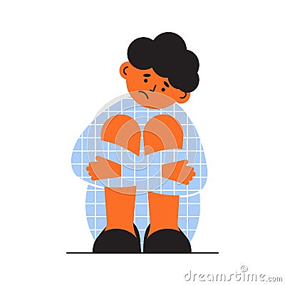 Sad lonely depressed boy sitting on floor and hugging himself Vector Illustration