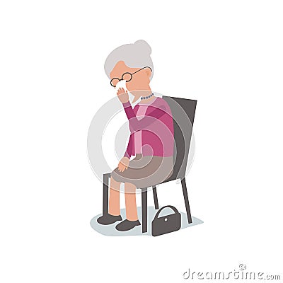 Sad lonely Elderly Woman Sitting on chair Crying Stock Photo