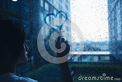 Sad lonely love woman in rain draw heart on windows Stock Photo