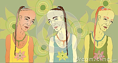 Sad male hippie, with a pigtail. A set of three with different colors Vector Illustration