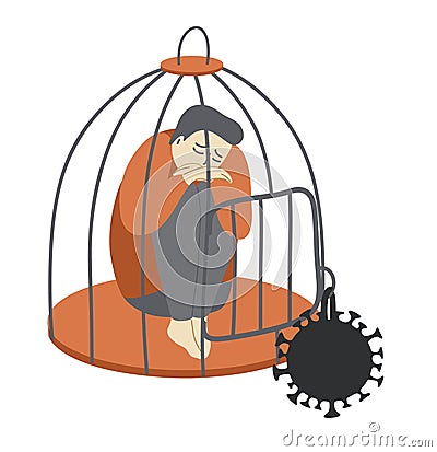 Sad man in cage with coronavirus lock. Vector illustration concept - lockdown in covid virus quarantine, restriction of Vector Illustration