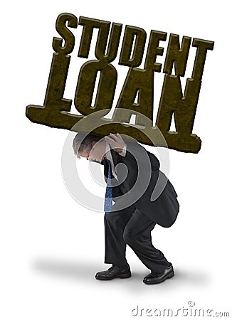 Sad man carrying burden of STUDENT LOAN like heavy rock weight Stock Photo