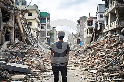 Sad man in destroyed city during war Stock Photo