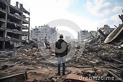 Sad man in destroyed city during war Stock Photo