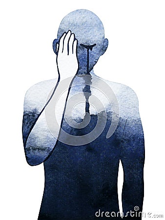 Sad man emotion feeling crying watercolor painting illustration Cartoon Illustration