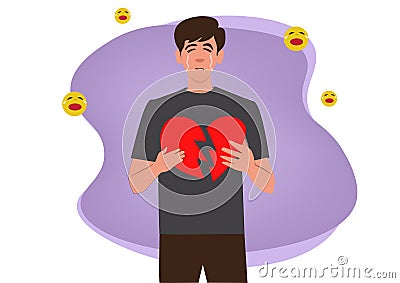 Sad man holding a broken heart with a cry emoticon In the concept of heartbreak. Disappointed. Sad. Flat style cartoon vector Vector Illustration