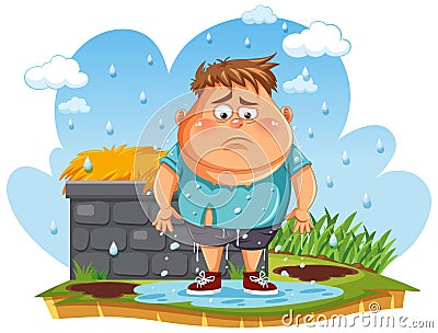 Sad Man Messing Up with Wet Water Vector Illustration