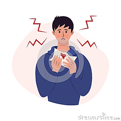 Sad man with a nosebleed holding napkin. Nasal bleeding, disease, health problem Vector Illustration