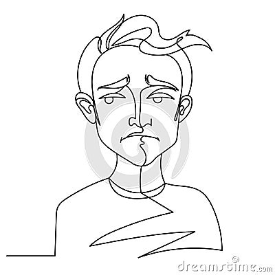Sad Man Portrait One Line Art. Unhappy Male Facial Expression. Hand Drawn Linear Man Silhouette Vector Illustration