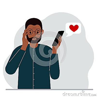 A sad man reads a message on his mobile phone. Message with red heart. Vector Vector Illustration
