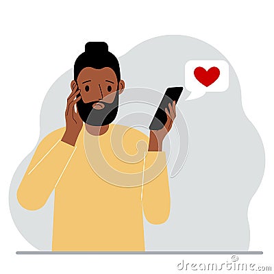 A sad man reads a message on his mobile phone. Message with red heart. Vector Vector Illustration