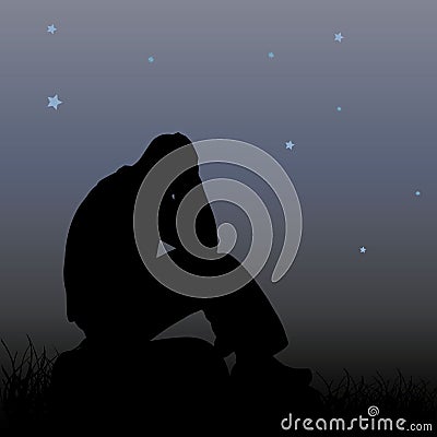 A sad man sits on a stone, holds his hands behind his head, a si Vector Illustration