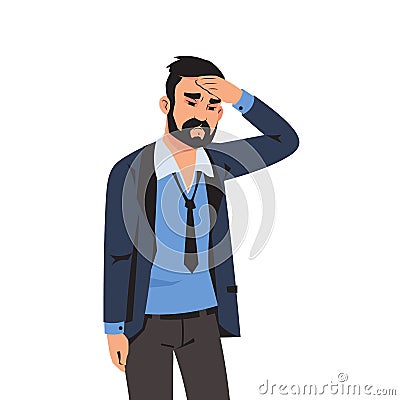 Sad man. Tired depressed person with headache, sick office employee with problems or failures at work. Isolated gloomy Vector Illustration