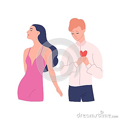 Sad man trying to present his heart to woman rejecting his gift. Unrequited, one-sided or rejected love. Male and female Vector Illustration