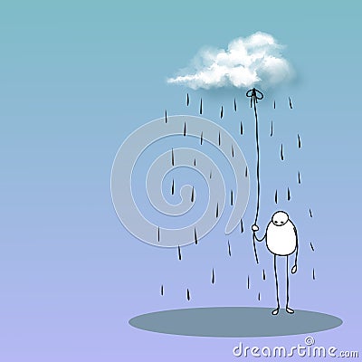 Sad man under the rain cloud - depressed and tired. Unhappy people Vector Illustration