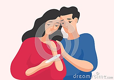 Sad man and woman standing together and looking at pregnancy test showing one line. Infertile couple, fertility problem Vector Illustration