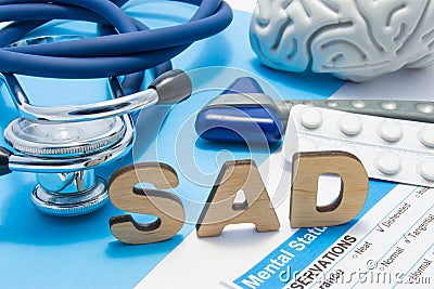 SAD medical abbreviation meaning seasonal affective disorder, depression could during seasons with little light. Word SAD is surro Stock Photo