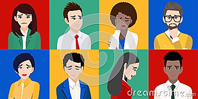 Sad men and women or unhappy people isolated cartoon character vector Vector Illustration