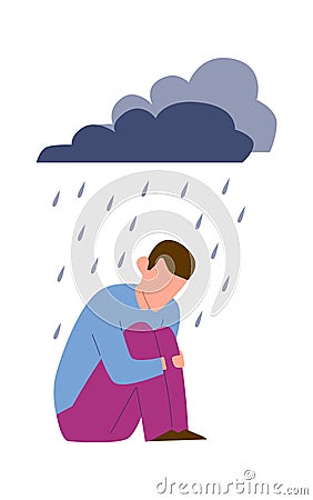 Sad mental ill young man. Depression or anxiety disorder, unhappy crying alone man under raining clouds, negative Vector Illustration