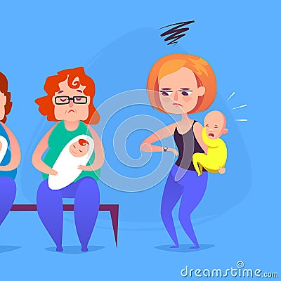 Sad mother with a crying child in a queue. Vector illustration. Vector Illustration