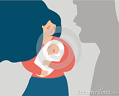 Sad mother protects her newborn baby from a shadow that threats him. Concept of family abuse, domestic violence. Vector Illustration