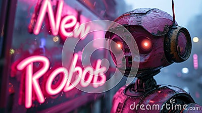 Sad old robot walks past neon sign of New Robots on cyberpunk city street, futuristic town with purple and blue light. Concept of Stock Photo