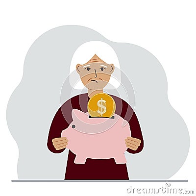 Sad old woman holds a piggy bank, a coin falls into the piggy bank. The concept of saving finance, savings, investing Vector Illustration