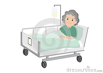 Sad old woman lying in a hospital bed. Vector Illustration