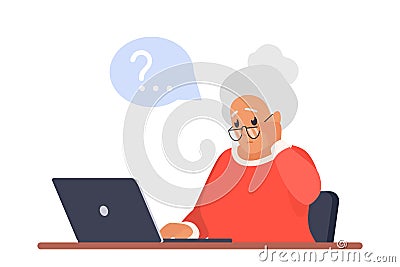 Sad old woman sitting with laptop, character with glasses with question mark over head Vector Illustration