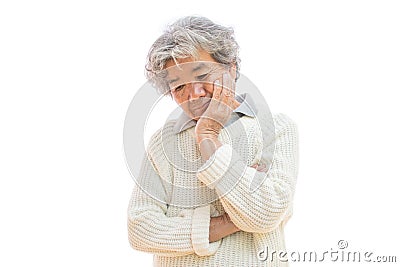 Sad old woman on white background Stock Photo