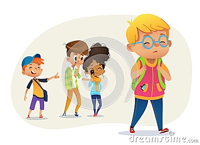 Sad overweight boy wearing glasses going through school. School boys and gill laughing and pointing at the obese boy Vector Illustration