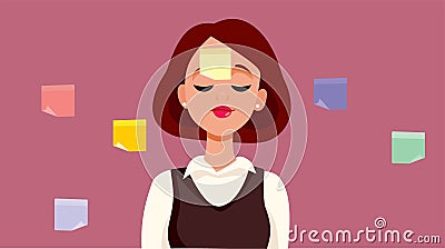 Businesswoman with Sticky Notes Reminders on her Forehead Vector Cartoon Vector Illustration