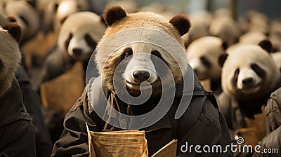 sad pandas are on strike in raincoats, protesting against the poor treatment of animals in zoos Stock Photo