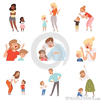 Sad parents. Angry dad punish son scared kids expression reaction crying childrens vector pictures Vector Illustration