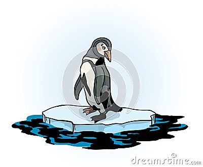 Penguin, melting ice and polluted sea Cartoon Illustration