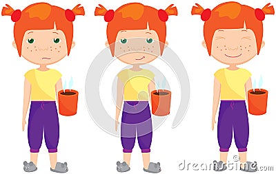 Sad, pensive and happy red-haired girl, sleepy and cheerful Vector Illustration