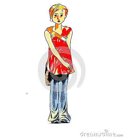 Sad pensive strong and inexpressible teenager girl in a red dress and jeans Stock Photo