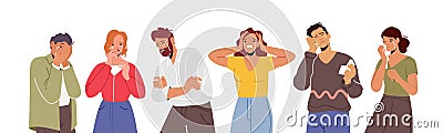 Sad People Crying, Feel Grief. Desperate Male and Female Characters Waist-high Close Face with Hands, Wipe Tears Vector Illustration