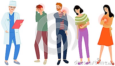Patients with sore body parts in consultation with doctor. Sad people suffering from pain Vector Illustration