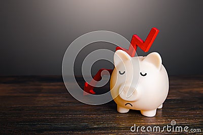 Sad piggy bank and arrow down. Difficult economic situation. Expenditure of savings and financial reserves. Falling income, lower Stock Photo
